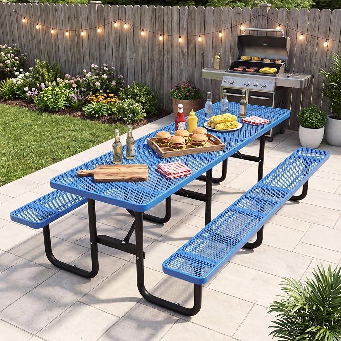 96" Rectangular Metal Picnic Table, Commercial Steel Picnic Tables with 1.96" Umbrella Hole, Heavy Duty Picnic Tables for Outdoor Garden Courtyard BBQ, Blue