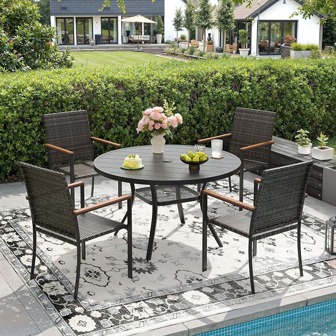 DIFY 5 Piece Patio Dining Set, Metal Outdoor Table and Chairs Set for 4, 40.6" Round Black Dining Table with Umbrella Hole & Wicker Stackable Patio Chairs, Patio Furniture Set for Garden Backyard