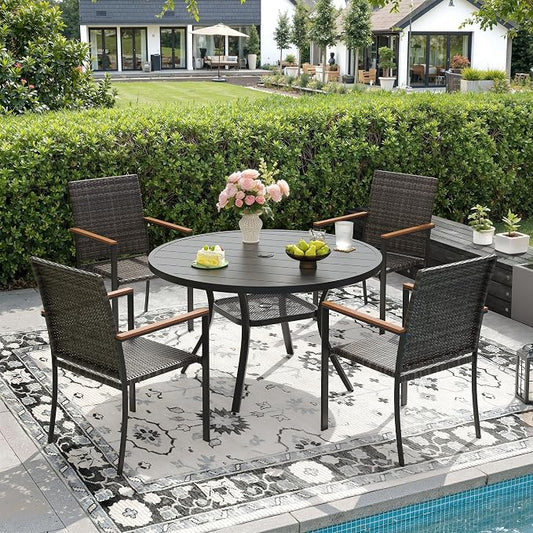 DIFY 5 Piece Patio Dining Set, Metal Outdoor Table and Chairs Set for 4, 40.6" Round Black Dining Table with Umbrella Hole & Wicker Stackable Patio Chairs, Patio Furniture Set for Garden Backyard