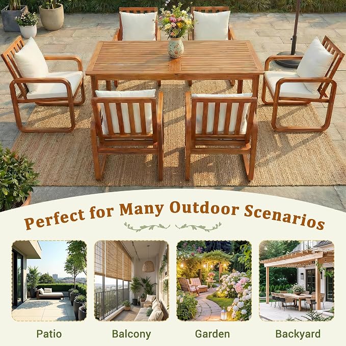 RUNNA 7 Pieces Outdoor Patio Dining Table Set with Removable Cushions, Modern Armrests and Spacious Table, Outdoor Furniture Set for Backyard, Garden Entertaining (Brown-A7)