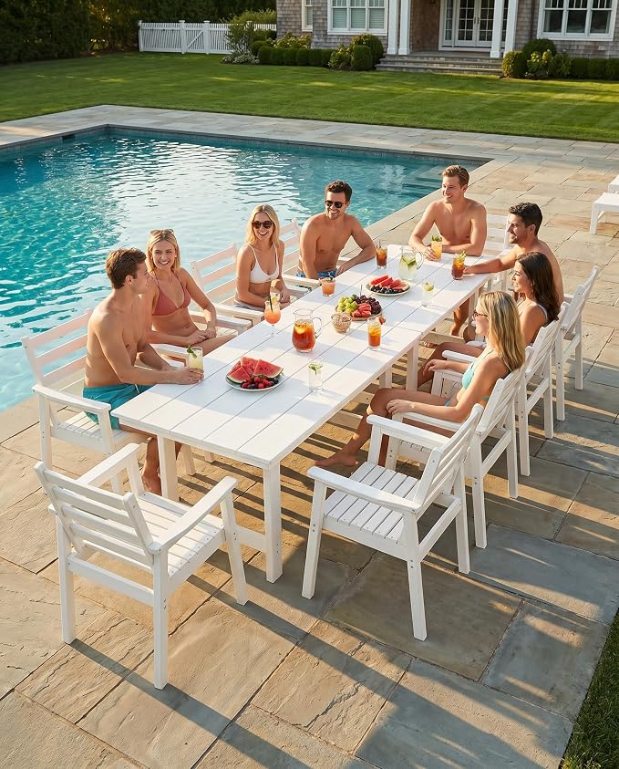 10 Piece HDPE Outdoor Dining Set for 8, Patio Dining Furniture Set with 2” Umbrella Hole, Weather Resistant Outdoor Table and Chairs for Garden, Poolside, Backyard, Deck