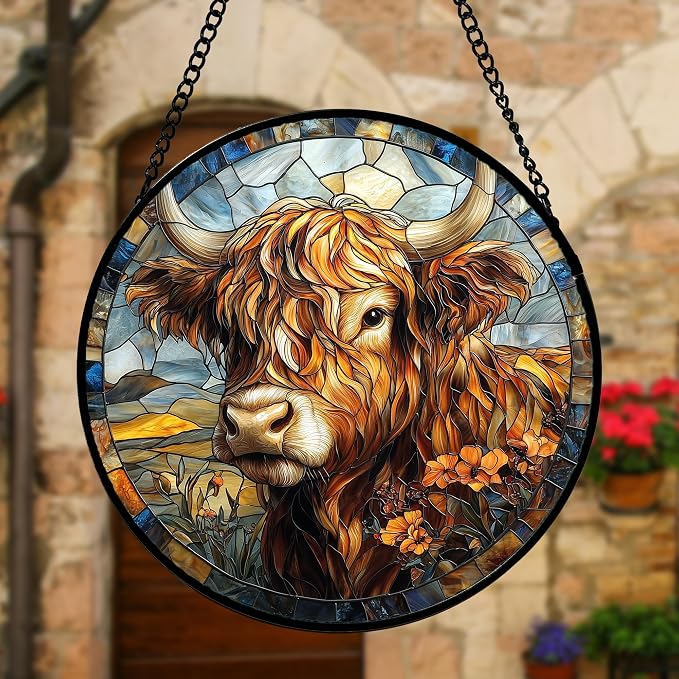 DASTOLL Stained Glass Window Hanging - Funny Cow Flower Suncatcher Ready to Hang Window Doors Home Decoration and Christmas, Mother's Day Birthday Gifts for Women, Men, and Mom 9.8x9.8 in