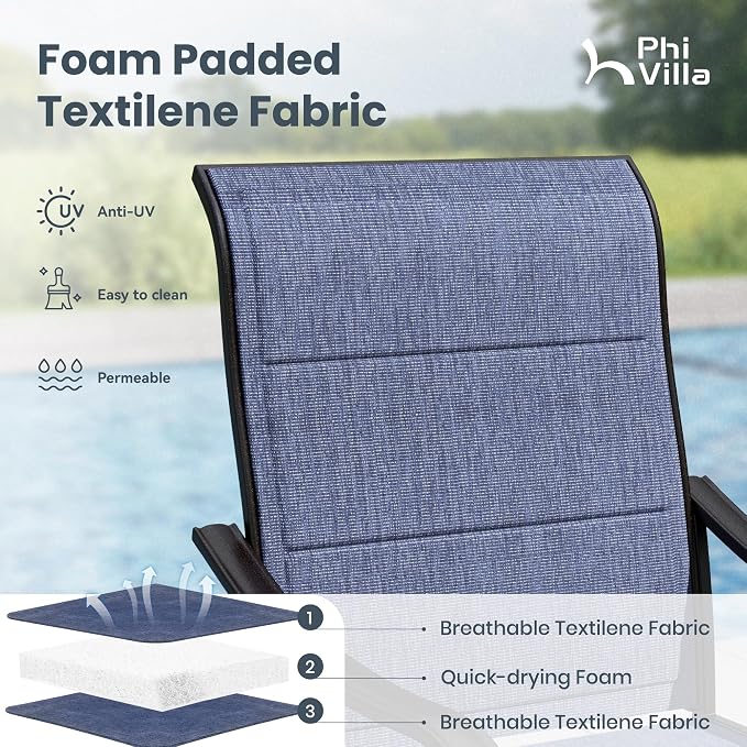 PHI VILLA Round Outdoor Dining Set for 6 with Swivel Chairs, Navy Blue | High back padded chairs，All weather reistant, Metal table, Umbrella hole, 7 piece, Patio deck backyard