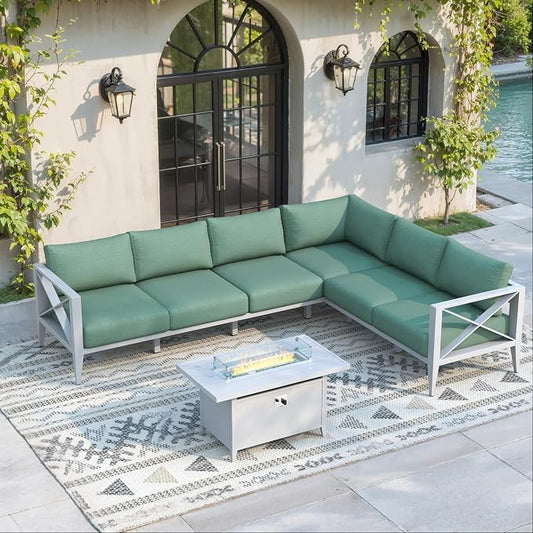 Aluminum Outdoor Patio Furniture Set with 43" Fire Pit Table, 7-Piece Outdoor Sectional with 5.2" Thick Cushions, Patio Conversation Sets for Backyard,(White,6 Seats)