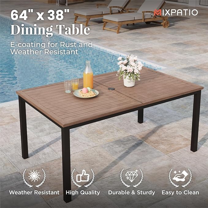 MIXPATIO 7 Pieces Patio Table and Chairs Set, Patio Dining Set for 6, 6 Textilene Chairs and 1 Wood-Like Rectangle Steel Table with Umbrella Hole, for Deck Backyard Lawn Poolside, Red