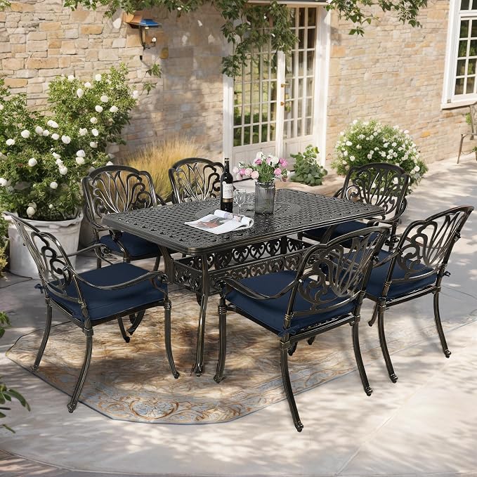 7-Piece Outdoor Patio Dining Set, 60” Rectangular Cast Aluminum Dining Table with Umbrella Hole and 6 Outdoor Dining Cushioned Chairs, Patio Funiture Set for Backyard, Patio, Garden, Navy
