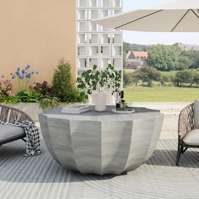 35" Indoor Round Coffee Table, Waterproof Coffee Table Modern MgO Cement Design End Tables for Living Room, Outdoor Patio Coffee Tables for Garden, Backyard, Balcony, Marble White