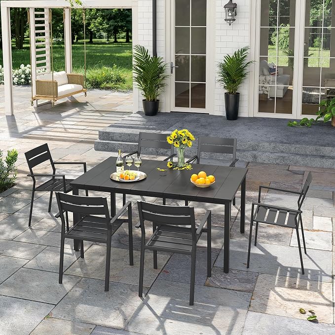 VICLLAX Patio 7 Pieces Outdoor Dining Set for 6, 63" Rectangular Metal Dining Table with Umbrella Hole, 6 Stackable Chairs for Lawn, Garden, Porch, Black