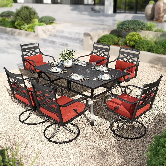 PHI VILLA Patio Dining Set, Swivel Chairs, Metal Table | Metal chairs, Red Cushion, Umbrella Hole, Cushions, E-coated