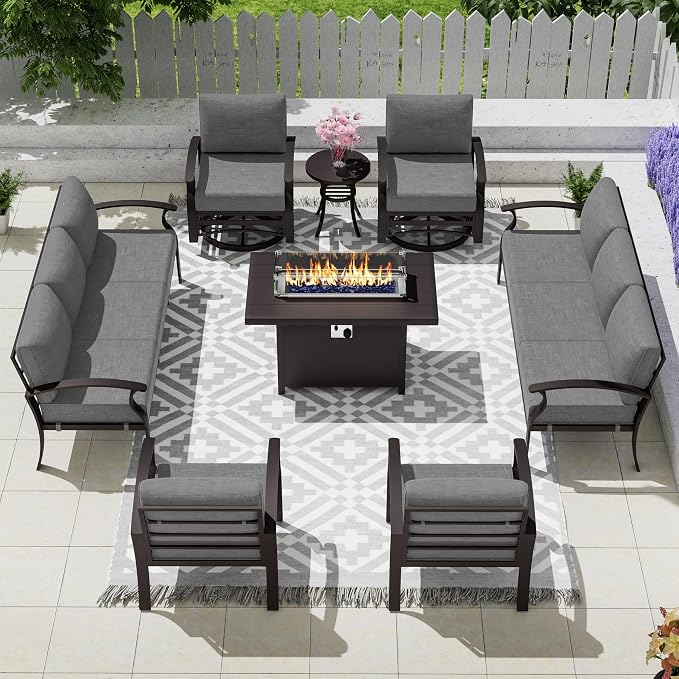 Patio Furniture Set 10 Seats Aluminum Armrest Sofa, Modern Outdoor Living Room Set with 55000 BTU Propane Aluminum Fireplace, Outdoor Rotary Joystick with Thick Cushion - Grey
