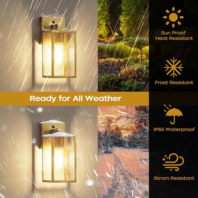 Dusk to Dawn Exterior Lighting Fixtures, Outdoor Porch Light Wall Sconce | 10.65 inch, Anti-Rust Metal Frame, Tempered Glass, E26 Base, Waterproof, Sensor Wall Lantern for Patio, Garage, Entryway