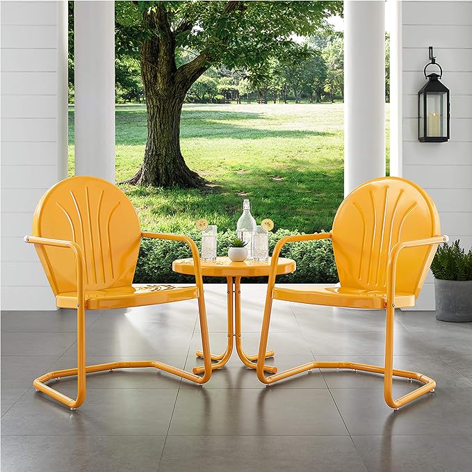 Crosley Furniture Griffith 3-Piece Outdoor Chair and Side Table Set, Retro Metal Bistro Patio Sets for Porch, Tangerine