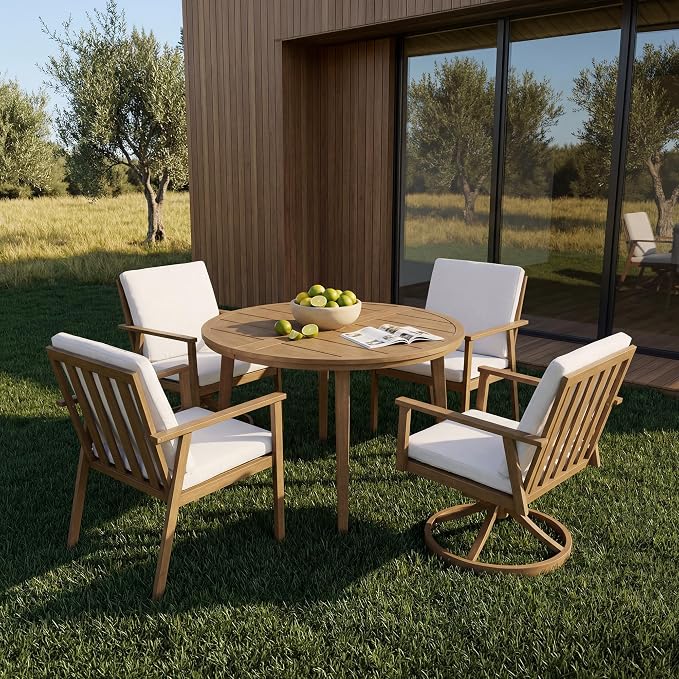 41" All-Aluminum Round Outdoor Dining Table, Modern Faux Wood Grain Patio Table with Umbrella Hole, Rust-Resistant Metal Dining Table for Garden, Backyard, Poolside & Lawn, Teak