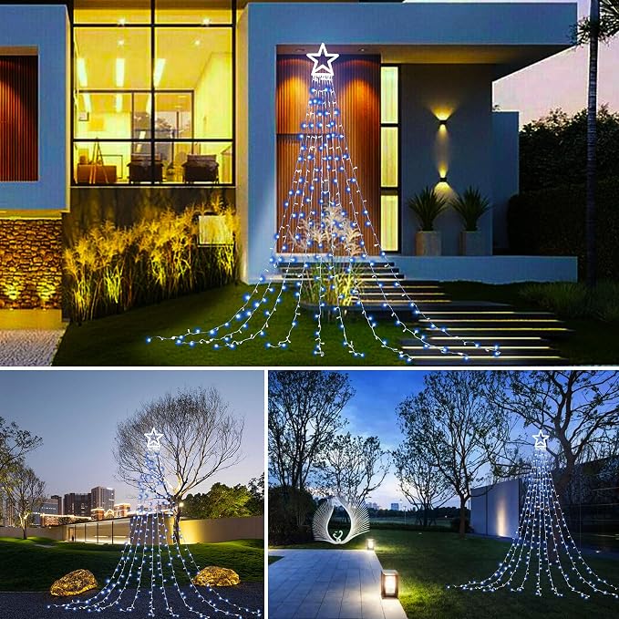 Christmas Decorations, Outdoor Christmas Lights, 320 LED Outdoor Christmas Tree String Lights with 12" Star Toppers [8 Modes& Waterproof] for Xmas New Year Holiday Decor (White)
