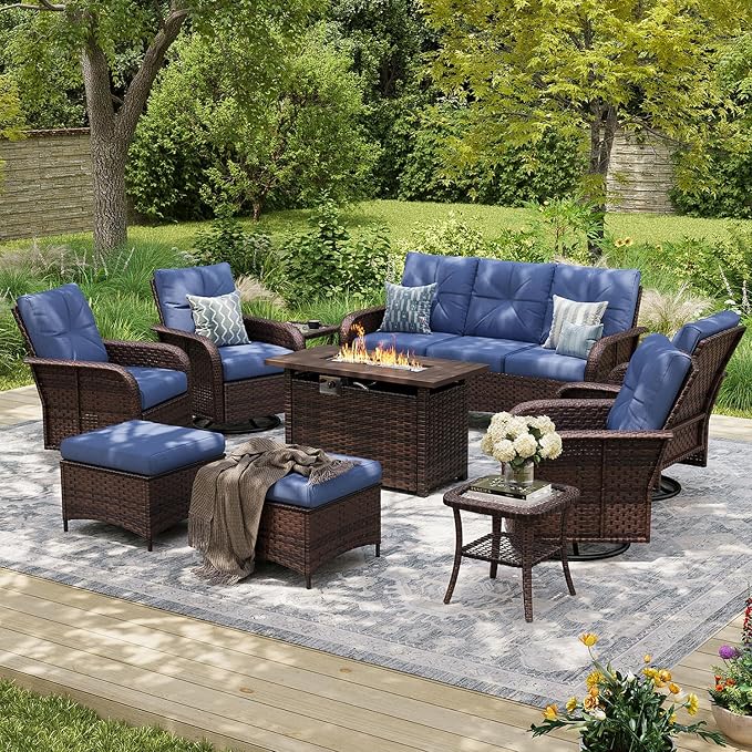 Aoxun 10-Piece Patio Furniture Set with 44'' Fire Pit Table, Luxury Outdoor Patio Furniture Set with 360° Swivel Chairs, Patio Conversation Set for Backyard, Poolside & Garden, Brown/Navy Blue