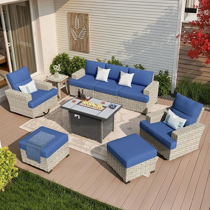 Weaxty 9 Pieces Wide Seats Outdoor Furniture Set, Sectional Couch Swivel Rocking Chair Ottoman Fire Pit Table, Thick Cushion All-Weather Rattan Patio Conversation Sets for Backyard Deck, Navy Blue