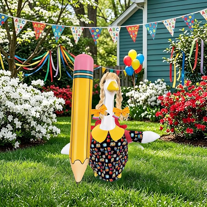 23" Back to School Porch Goose Outfit, Curly Wig (Statue not Included) | Complete 6 piece back to school goose set, Wavy unbraided wig + dress + pencil clips + inflatable pencil + red bag + tape