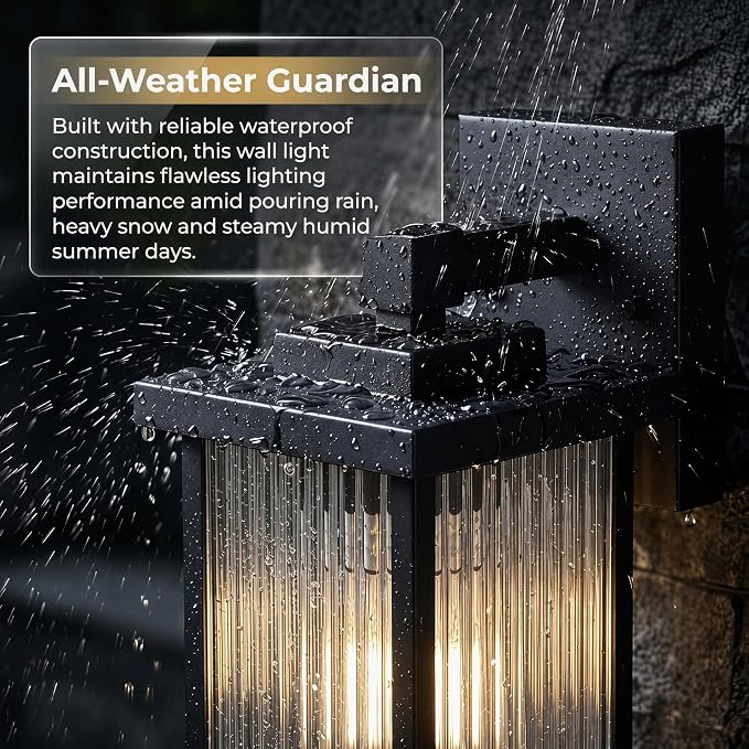 Black Wall Mount Porch Lights with Ribbed Fluted Glass | 10.6 inch, Anti-Rust Metal Frame, Tempered Glass, E26 Socket, Pre-Assembled DIY Install for Porch, Garage, Front Door