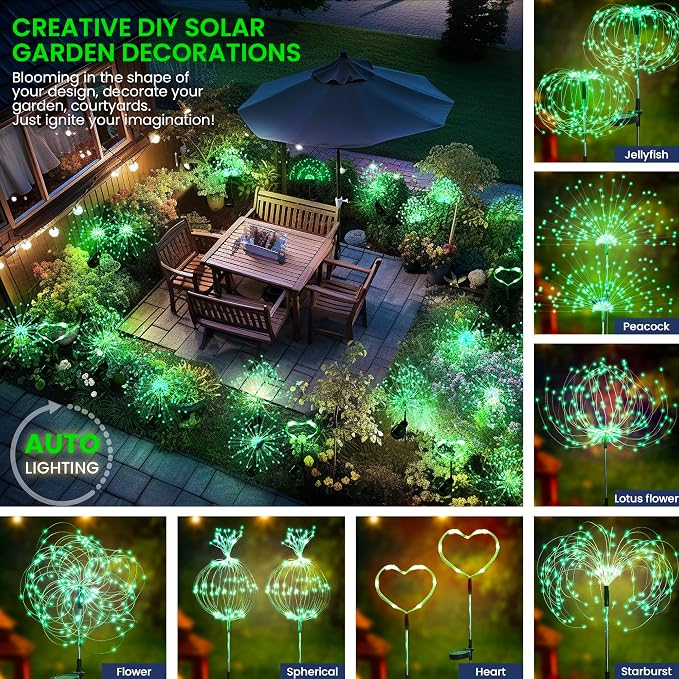 GIGALUMI 2 Pack Solar Firework Lights Outdoor, Halloween Decor, Green | 120 LEDs, Fairy Design, Waterproof, Garden Decor, Solar Powered for Yard, Pathway, Flowerbed, Planter, Balcony, Gifts for Mom
