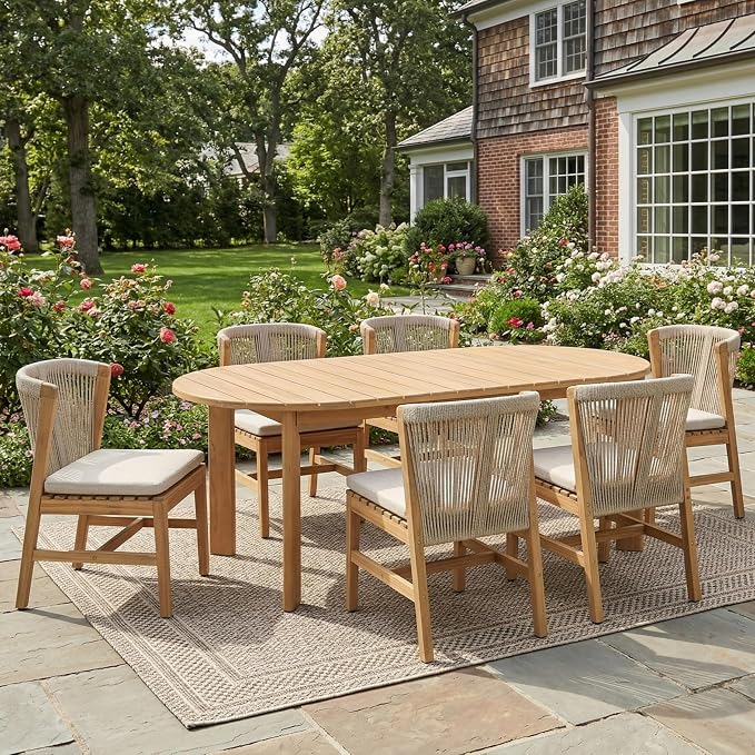 Christopher Knight Home Lisa 7 Piece Dining Table Set For 6, Outdoor Dining Set With Oval Patio Table And Armless Chairs, Acacia Wood Dining Chairs Set With Rope-Woven Backrests, Light Teak+Teak+Beige