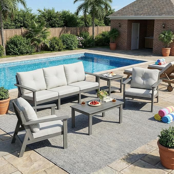 7-Piece HDPE Patio Furniture Set, Outdoor Sectional Sofa Set,All Weather Outdoor Couch with Dust-Free Cushions, Durable Patio Conversation Sets for Balcony, Porch, Gray