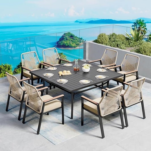 9 Pieces Patio Dining Set, 8 x Woven Rattan Chairs with Waterproof Cushion, 57.5" Square Metal Dining Table with Umbrella Hole, Outdoor Table and Chairs Set for Backyard Lawn and Deck, Beige