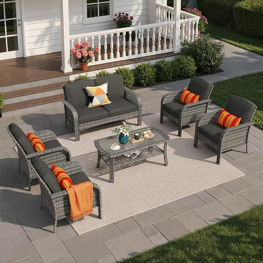 6 Pieces Patio Furniture Set, All-Weather Rattan Wicker Outdoor Furniture Loveseat Chairs with Coffee Table, High Back Conversation Set for Porch, Backyard, Balcony, Black