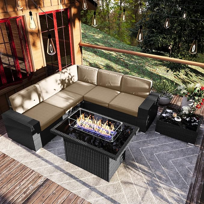 7 Pieces Patio Furniture Set with 44" Propane Gas Fire Pit Table, Outdoor Sectional Wicker Conversation Sofa Sets with Coffee Table