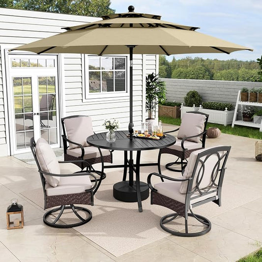 MFSTUDIO Patio Table and Chairs Set of 6, Patio Dining Set with Umbrella, Outdoor Dining Set for 4, Round Metal Dining Table with Swivel Chairs, 6 Pieces Outdoor Furniture Set for 4 with Umbrella