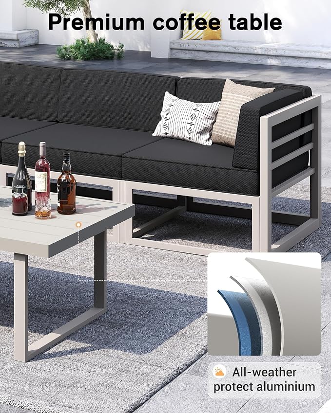 UDPATIO Aluminum Patio Furniture Set, Modular Oversized Outdoor Sectional of Olefin 5 inch Thick Cushion, Coffee Table and Waterproof Cover, Patio Conversation Sets for Porch, Deck
