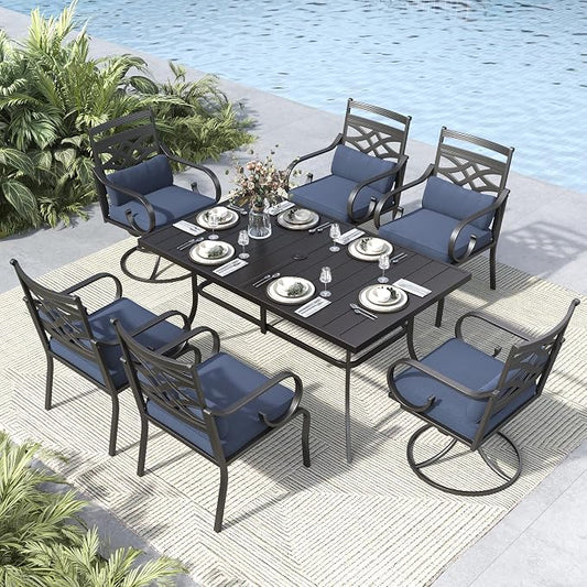 MFSTUDIO 7 PCS, Patio Dining Set, 60"×38", 4 Swivel Chairs, Umbrella Hole | Blue, Steel, Metal, E-coated frame
