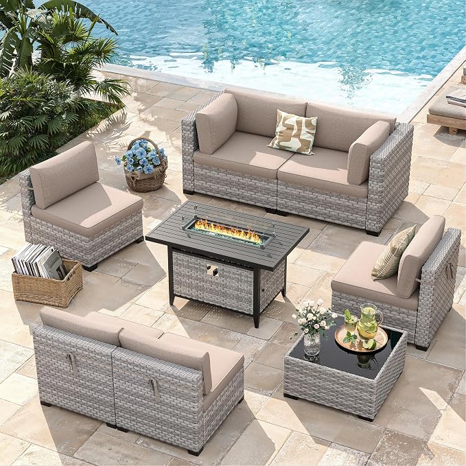 6-Seat Modern Outdoor Wicker Rattan Patio Furniture Set with 55,000 BTU Fire Pit Table, Thick 4″ Cushions, All-Weather Dual-Strand Rattan, Rust-Resistant Steel Frame,Beige