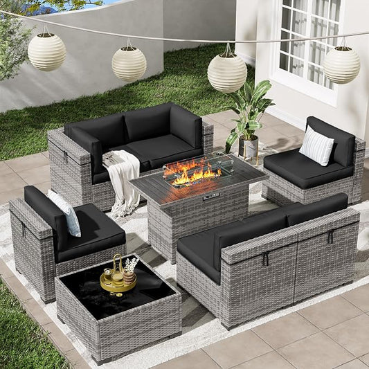 Patio Furniture Set with 44'' Propane Gas Firepit Table, 8 PCS Modular Outdoor Sectional Conversation Sets, All-Weather Wicker Patio Set for Backyard, Black (Waterproof Covers Included)