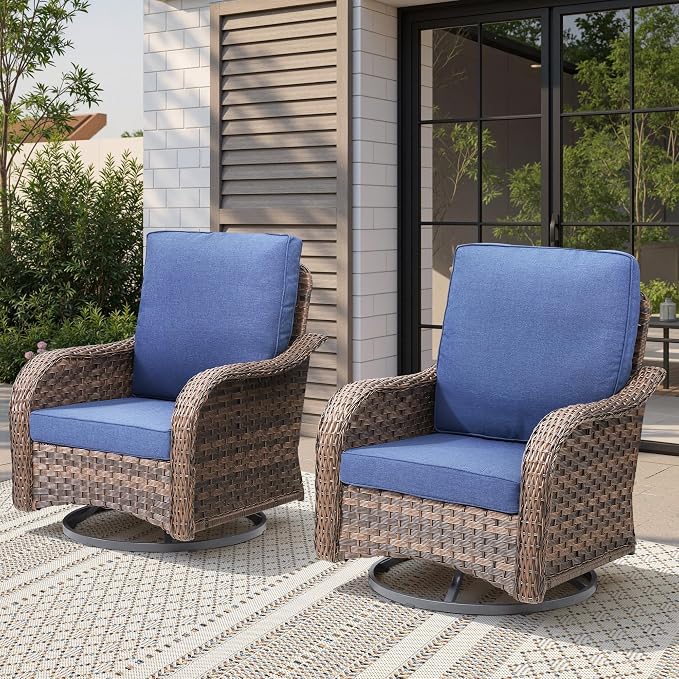 2 PCS Patio Swivel Rocking Chairs, Outdoor Wicker Furniture with 4-Inch Thick Olefin Cushions, 300 lbs Capacity Swivel Rocker Chairs with Curved Armrests for Porch, Garden, Backyard, Blue