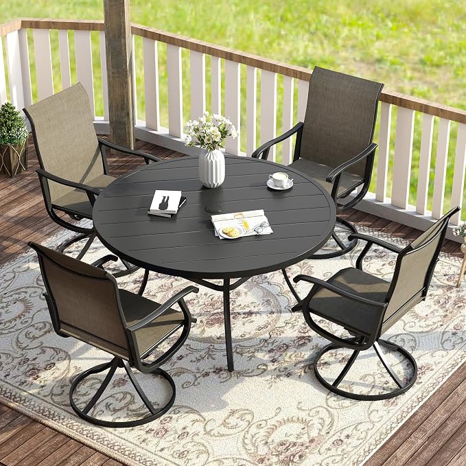 VICLLAX Patio Dining Set for 4, 5 Pieces Outdoor Furniture Includes 40.6" Round Patio Table with Umbrella Hole and 4 Outdoor Swivel Chairs for Lawn Garden, Black Tabletop and Mixed Brown Fabric