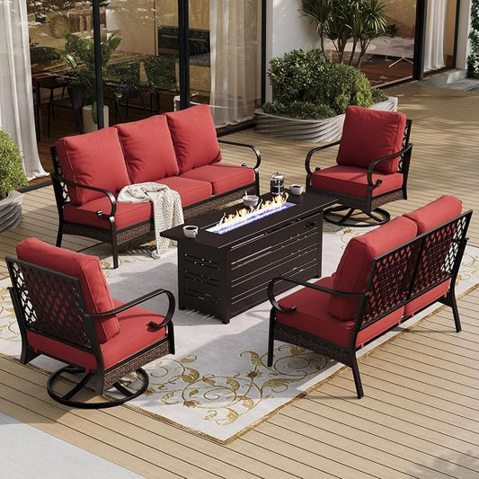 SUNSHINE VALLEY 5 Piece Metal Outdoor Patio Furniture Sets with Firepit Table, Patio Conversation Sets 1 3-Seater Sofa, 1 Loveseat, 2 Swivel Chair with 5.75" Cushion for Backyard Deck, Rust Red