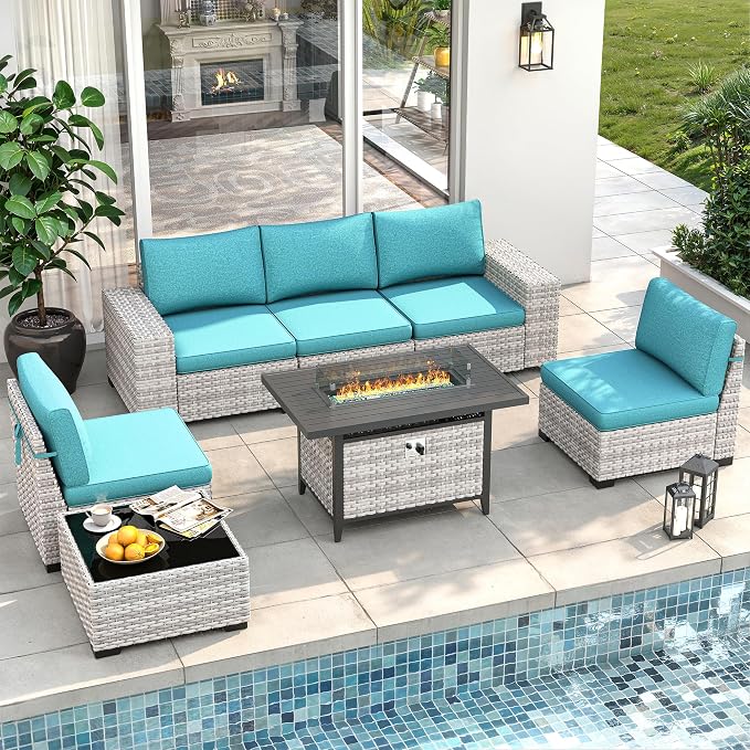 7 Piece Outdoor Wicker Sectional Sofa Set with Fire Pit Table, 5-Seats Conversation Set with 4" Thickened Cushions & Coffee Table, All-Weather PE Rattan for Garden, Backyard, Porch, Turquoise