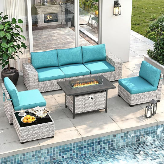 7 Piece Outdoor Wicker Sectional Sofa Set with Fire Pit Table, 5-Seats Conversation Set with 4" Thickened Cushions & Coffee Table, All-Weather PE Rattan for Garden, Backyard, Porch, Turquoise