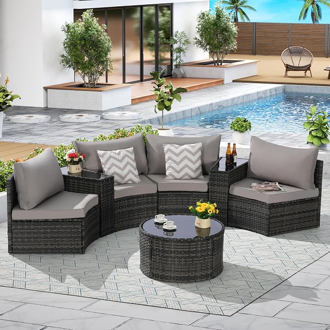 Eafurn 7 Pieces Outdoor Patio Conversation Furniture Sets All Weather Wicker PE Rattan Half-Moon Curved Sectional Sofa with Round Coffee Table, 4 Pillows & Waterproof Cover for Backyard