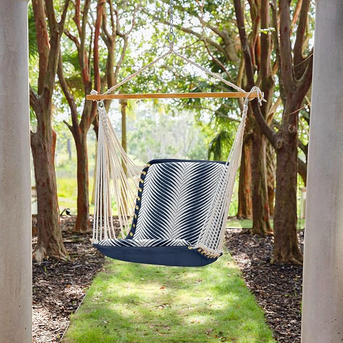Original Pawleys Island Bella Dura Cushioned Single Swing – Clock Out Indigo, Oak Spreader Bar, 350 lb Capacity, 24 in. x 24 in., Handcrafted in The USA