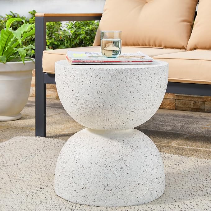 Glitzhome Outdoor Side Table, Round Small End Table with Terrazzo Finish MGO Hourglass Garden Stool, Set of 2 Lightweight Decorative Accent Table for Living Room Planter Stand Patio Pool Porch, White
