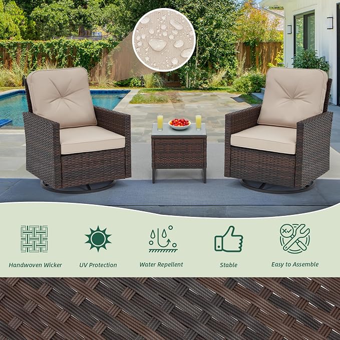 AVAWING 3 Pieces Patio Furniture Set, Wicker Swivel Rocking Chairs with Tempered Glass Side Table, Patio Conversation Set w/Waterproof Cushions for Garden, Balcony and Porch, Beige