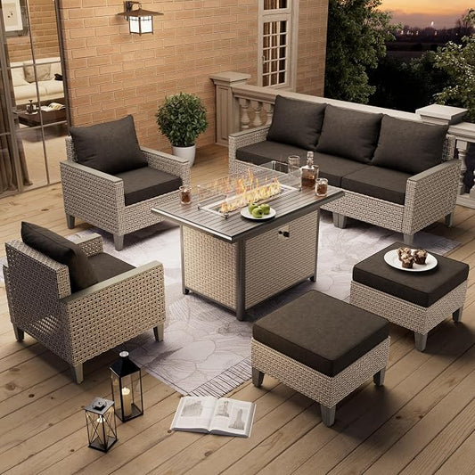 8 Pieces Patio Furniture Set with Fire Pit Table and Ottomans, Modern Outdoor Sectional Sofa with Comfy Cushions, Modular Wicker Rattan Patio Conversation Set, Black