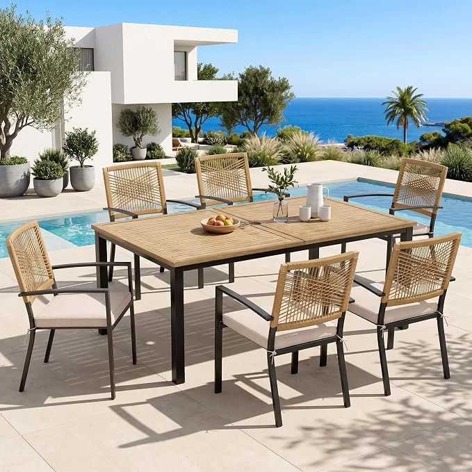 PHI VILLA Outdoor Dining Set for 4, Wood-Like Table, Wicker Chairs | Outdoor Dining Set for 6, Rectangular Patio Dining Table Set with Patio Wicker Chairs for Garden, Porch, Deck