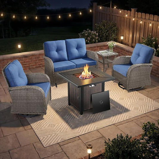 5 Piece Patio Furniture Set with Fire Pit Table - Wicker Patio Conversation Set with Swivel Glider, Glider Loveseat, Tempered Glass Side Table for Deck Backyard - Grey Wicker Blue Cushion