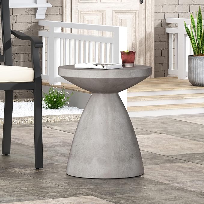 Outdoor Side Table 18" Hourglass Shape Lightweight Concrete-Look Outdoor Indoor Accent Table Decorative Garden Stools, for Patio Porch Living Room, Grey