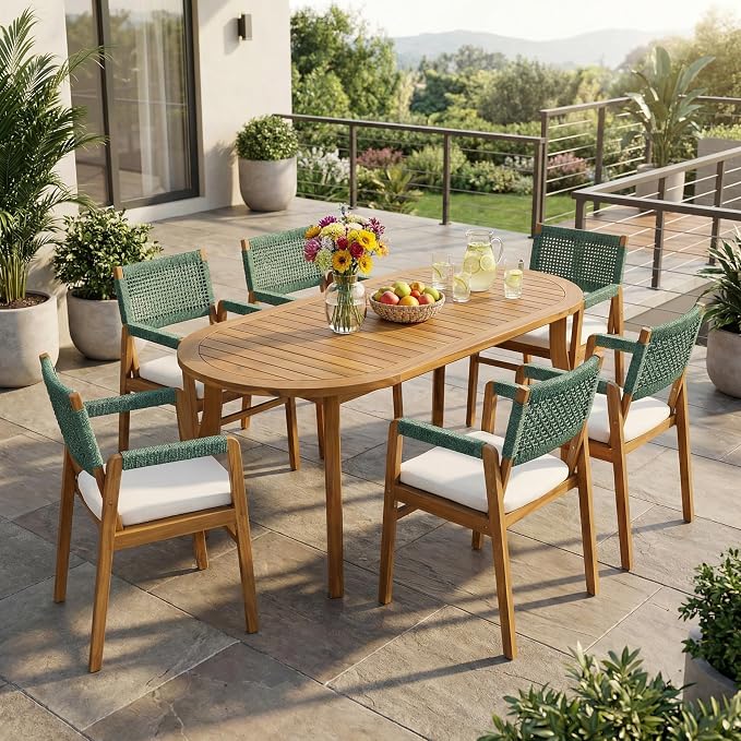 Christopher Knight Home 7-Piece Outdoor Dining Set, 70" Oval Acacia Wood Patio Table, Teak Finish with 6 Armchairs, Beige Cushions and Rope Woven Back Chairs for Backyard Garden Deck