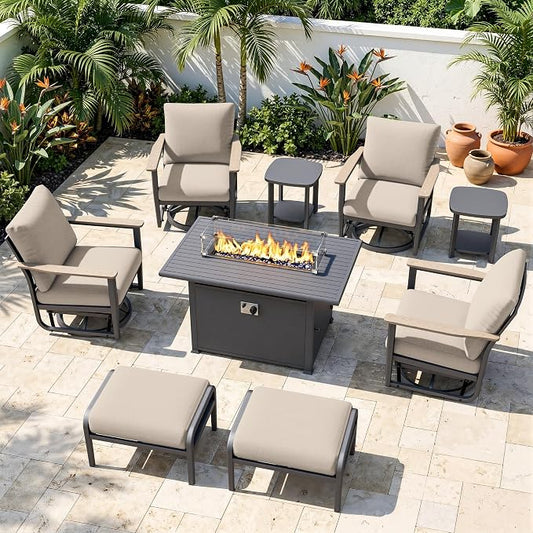 Aluminum Patio Swivel Rocking Chair Outdoor Bistro Set, 9pcs Patio Conversation Set Outdoor Patio Furniture Set with High Backrest & Thickened Cushions for Garden, Deck and Balcony, Sand