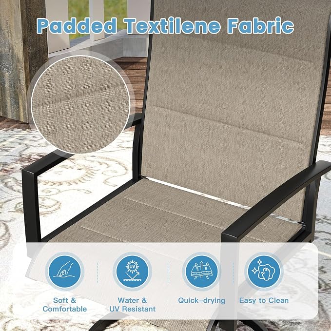 DIFY 7 Piece Outdoor Patio Dining Set for 6, 50" Black Round Metal Dining Table and Swivel Patio Chairs with Brown Padded Textilene, All-Weather Outdoor Furniture Set for Garden Backyard Porch