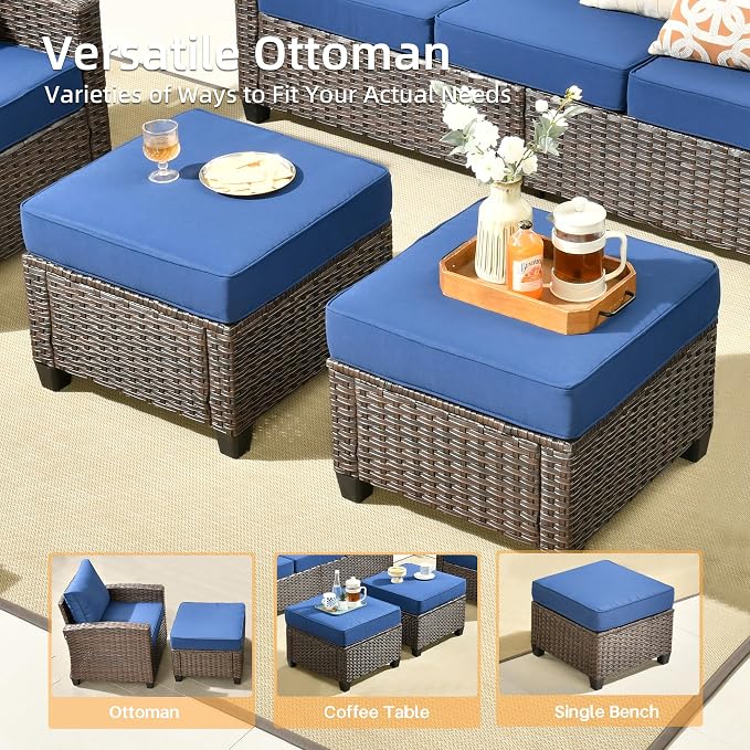 CAODOC Patio Furniture Sets, Outdoor Wicker Furniture with Ottomans, 5 Pieces Outdoor Sofa Couch Conversation Set with Cushioned Rattan Chairs for Garden Poolside Backyard, Blue